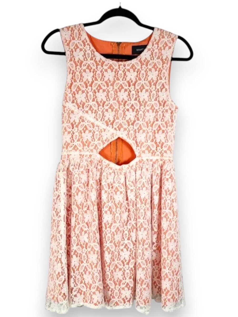 MINKPINK Peach Ivory Lace Cutout Mini Dress Fit Flare Size Medium NWT - Picture 2 of 15